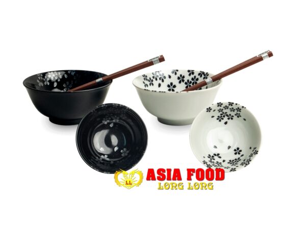 Schüssel-Set 15x7cm Schwarz und weiß Motiv Blüten mit Stäbchen 2x/Japan – Bild 2